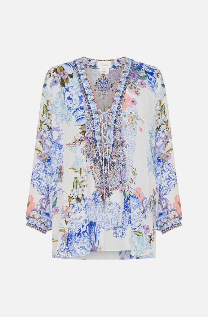 CAMILLA Lace Up Blouse - Paint Me Positano