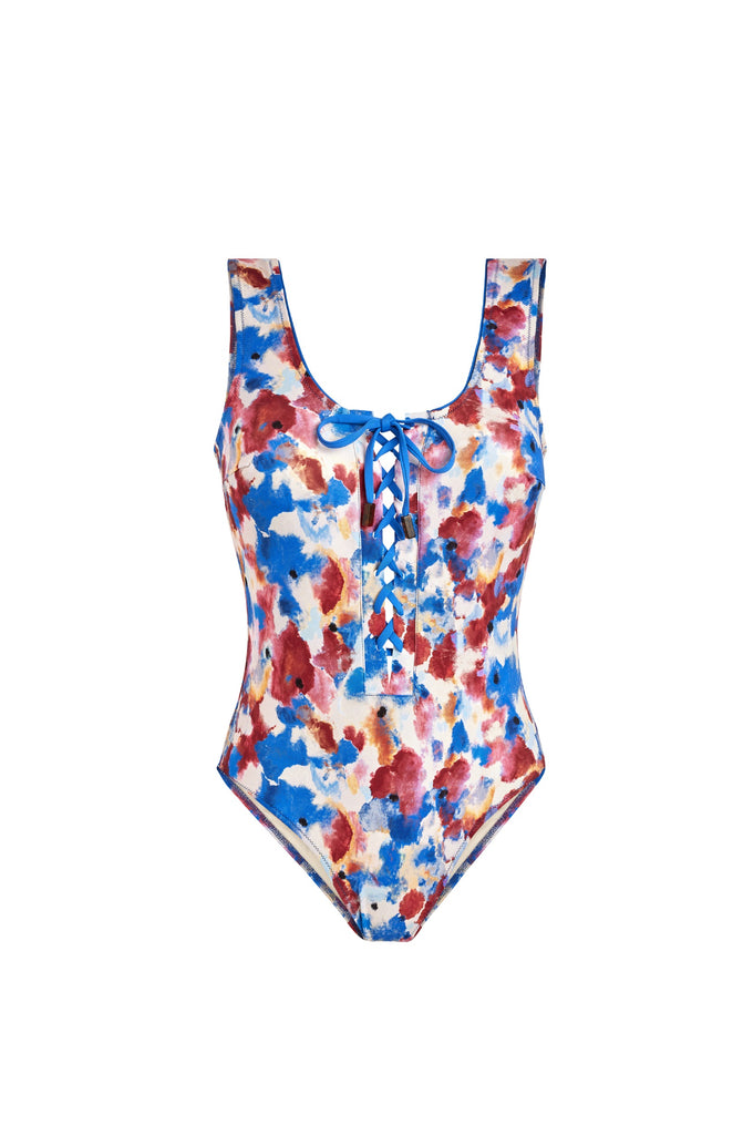 VILEBREQUIN Women Lace Up One-Piece Swimsuit Flowers in the Sky