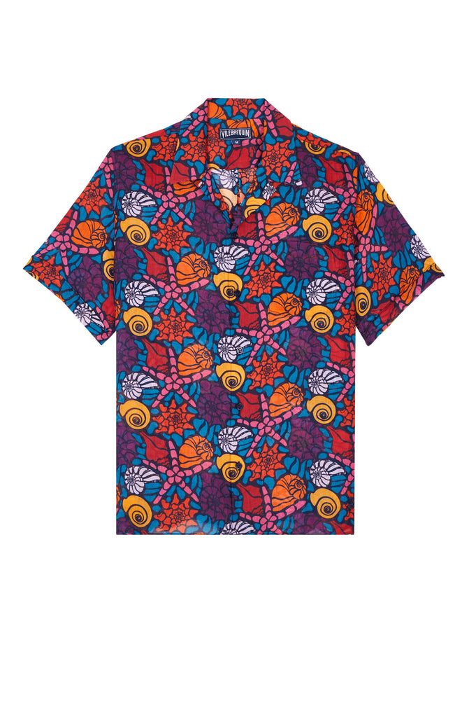 VILEBREQUIN Men Linen Bowling Shirt Noumea Sea Shells