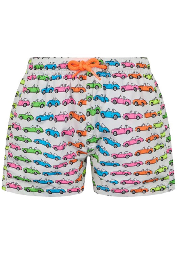 MC2 SAINT BARTH Boy Light-Weight Swim Shorts Jean Lighting with Cars Print