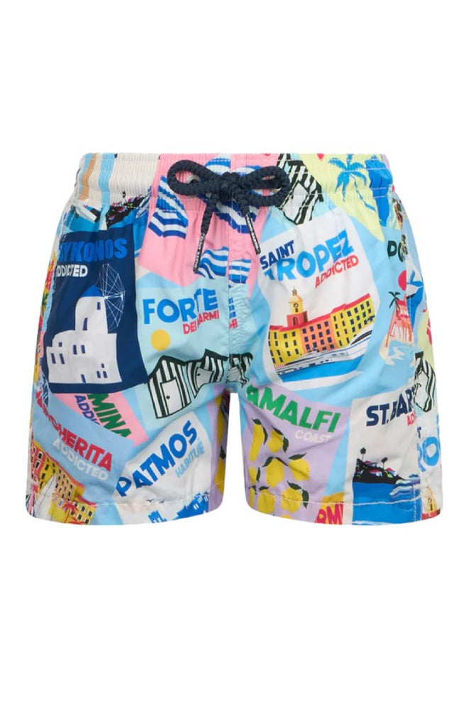 MC2 SAINT BARTH Boys Light-Weight Swim Shorts Jean Lighting Postcard Print