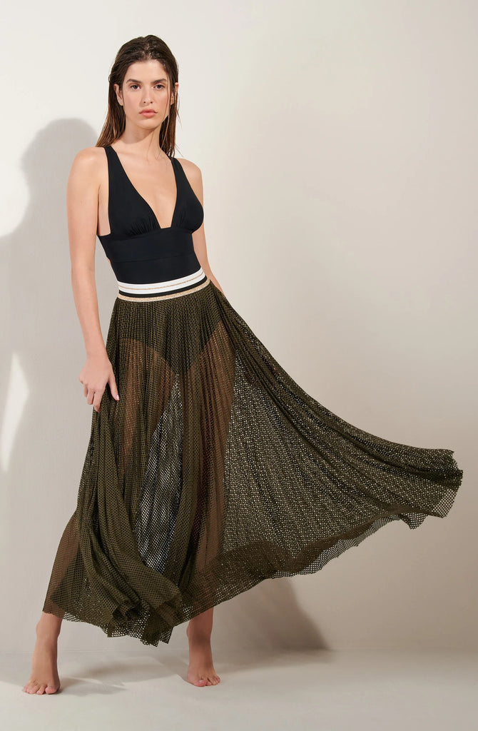 PAIN de SUCRE Jalia Long Khaki Transparent Pleated Skirt